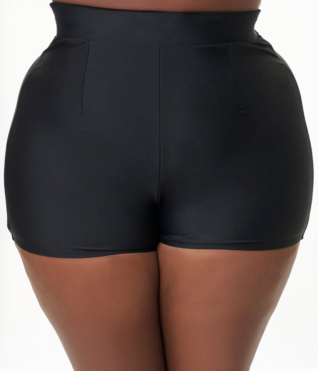 Unique Vintage Plus Size Black High Waist Swim Shorts - Unique Vintage - Womens, SWIM, BOTTOM