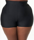 Unique Vintage Plus Size Black High Waist Swim Shorts - Unique Vintage - Womens, SWIM, BOTTOM