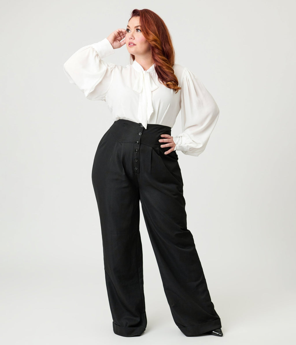 Unique Vintage Plus Size Black High Waisted Trouser - Unique Vintage - Womens, BOTTOMS, PANTS