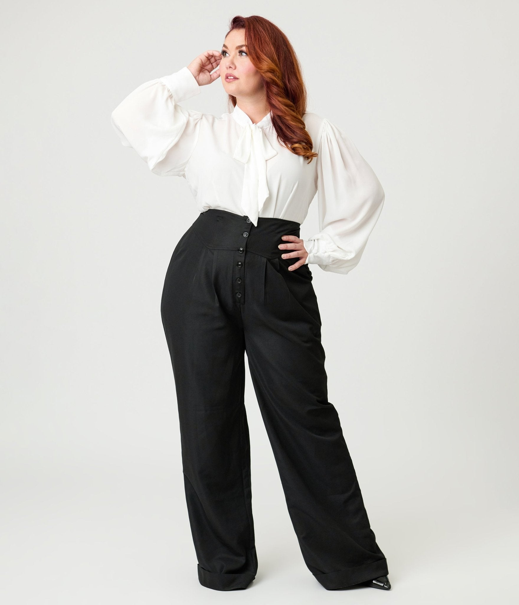 Unique Vintage Plus Size Black High Waisted Trouser - Unique Vintage - Womens, BOTTOMS, PANTS