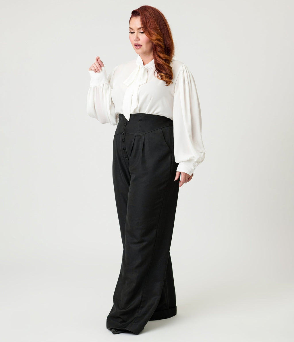 Unique Vintage Plus Size Black High Waisted Trouser - Unique Vintage - Womens, BOTTOMS, PANTS