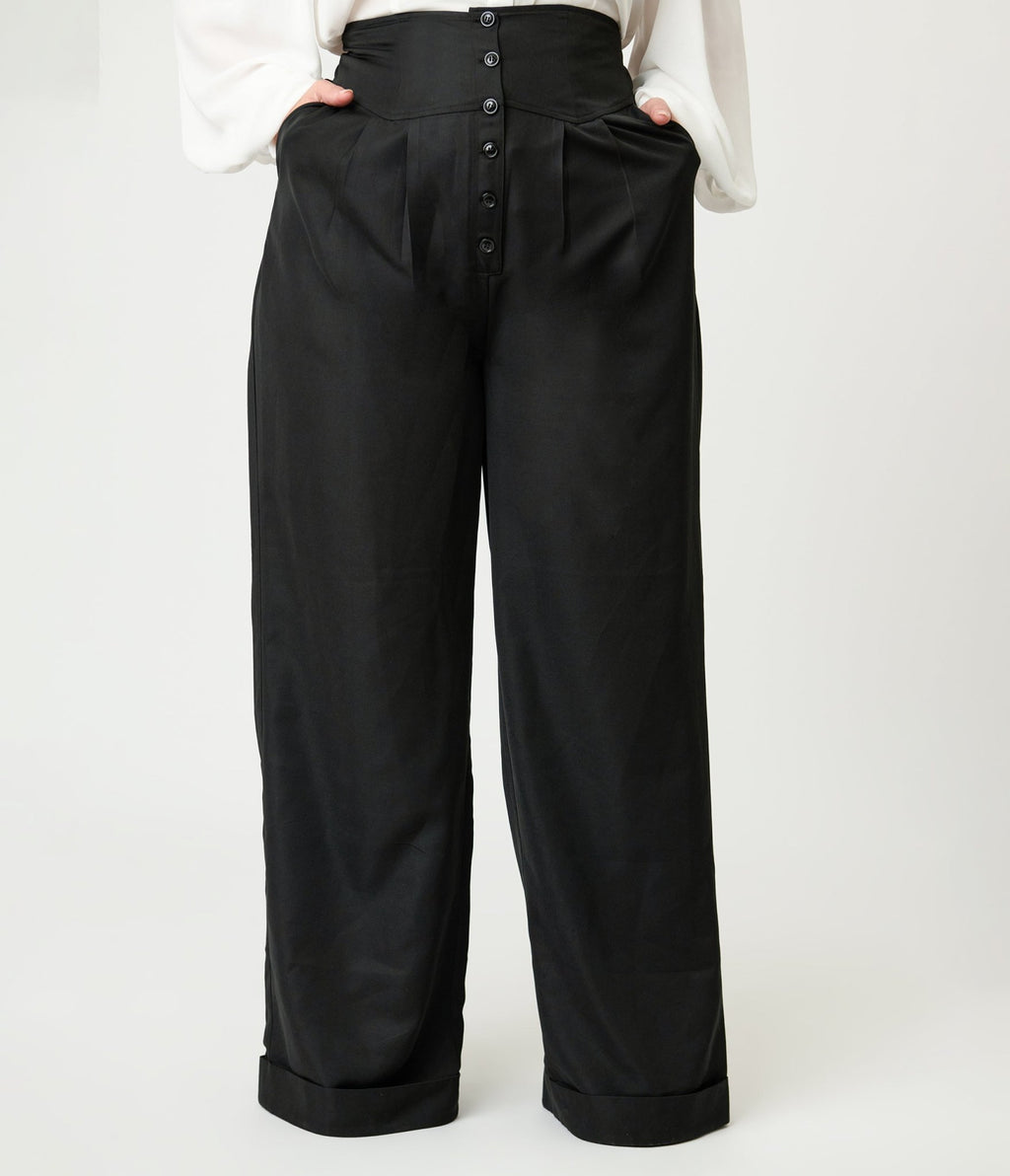 Unique Vintage Plus Size Black High Waisted Trouser - Unique Vintage - Womens, BOTTOMS, PANTS