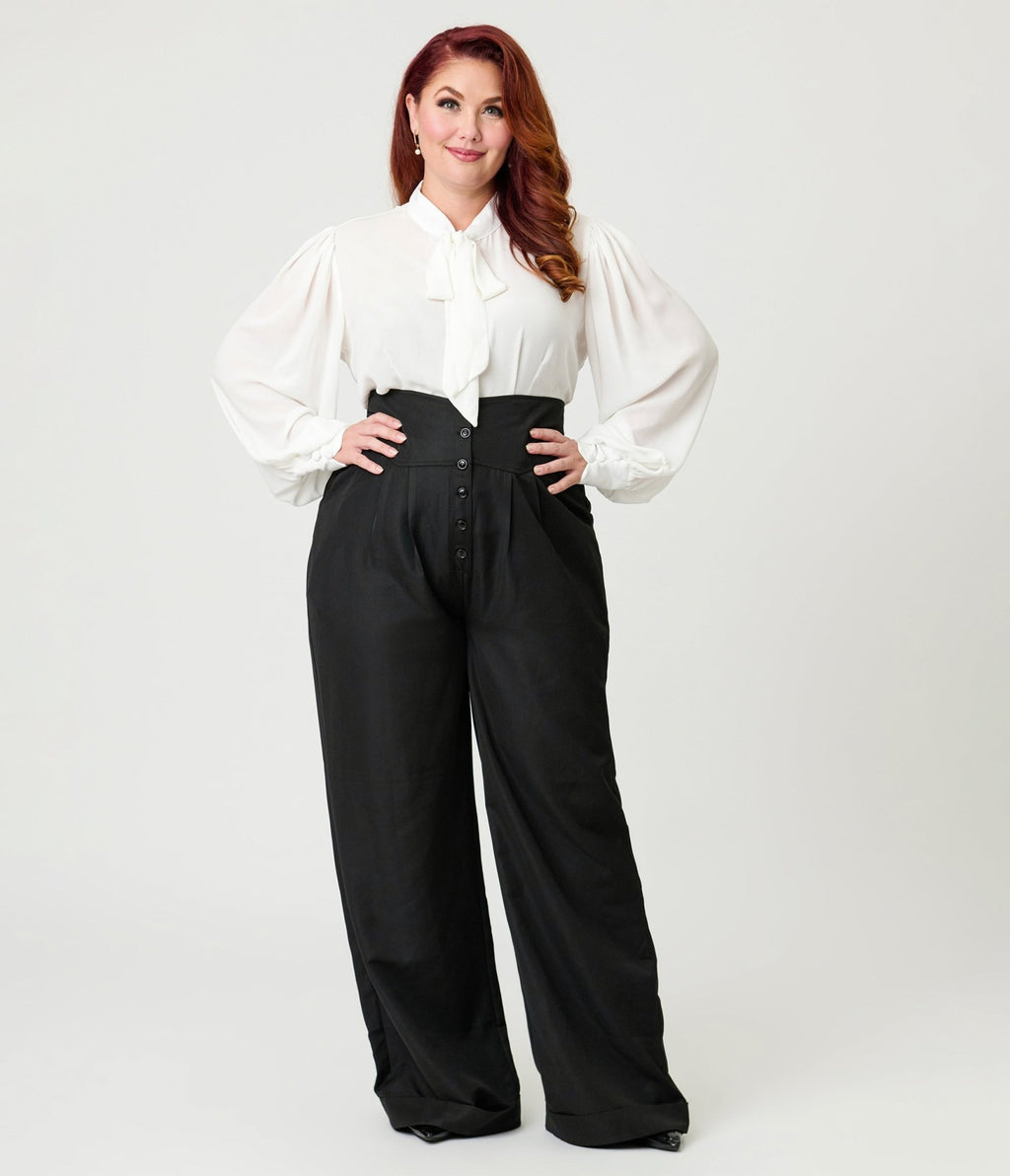 Unique Vintage Plus Size Black High Waisted Trouser - Unique Vintage - Womens, BOTTOMS, PANTS