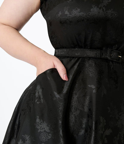 Unique Vintage Plus Size Black Jacquard Sash Swing Dress - Unique Vintage - Womens, DRESSES, SWING