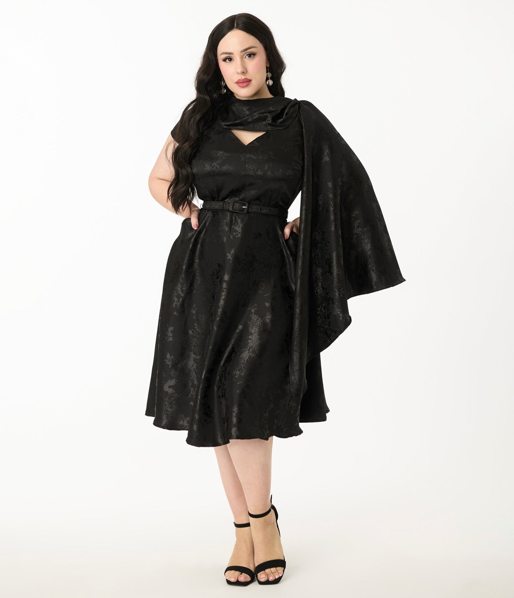 Unique Vintage Plus Size Black Jacquard Sash Swing Dress - Unique Vintage - Womens, DRESSES, SWING