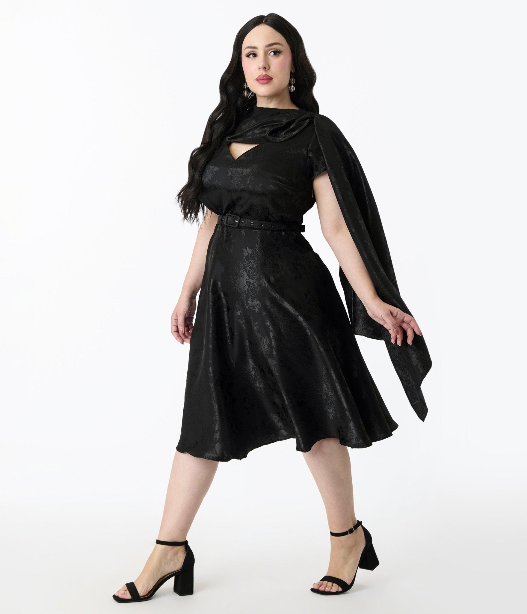 Unique Vintage Plus Size Black Jacquard Sash Swing Dress - Unique Vintage - Womens, DRESSES, SWING