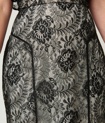 Unique Vintage Plus Size Black Lace & Nude Lining Flutter Sleeve Gown - Unique Vintage - Womens, FLAPPER, SLEEVED NON BEADED