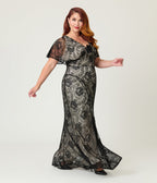 Unique Vintage Plus Size Black Lace & Nude Lining Flutter Sleeve Gown - Unique Vintage - Womens, FLAPPER, SLEEVED NON BEADED