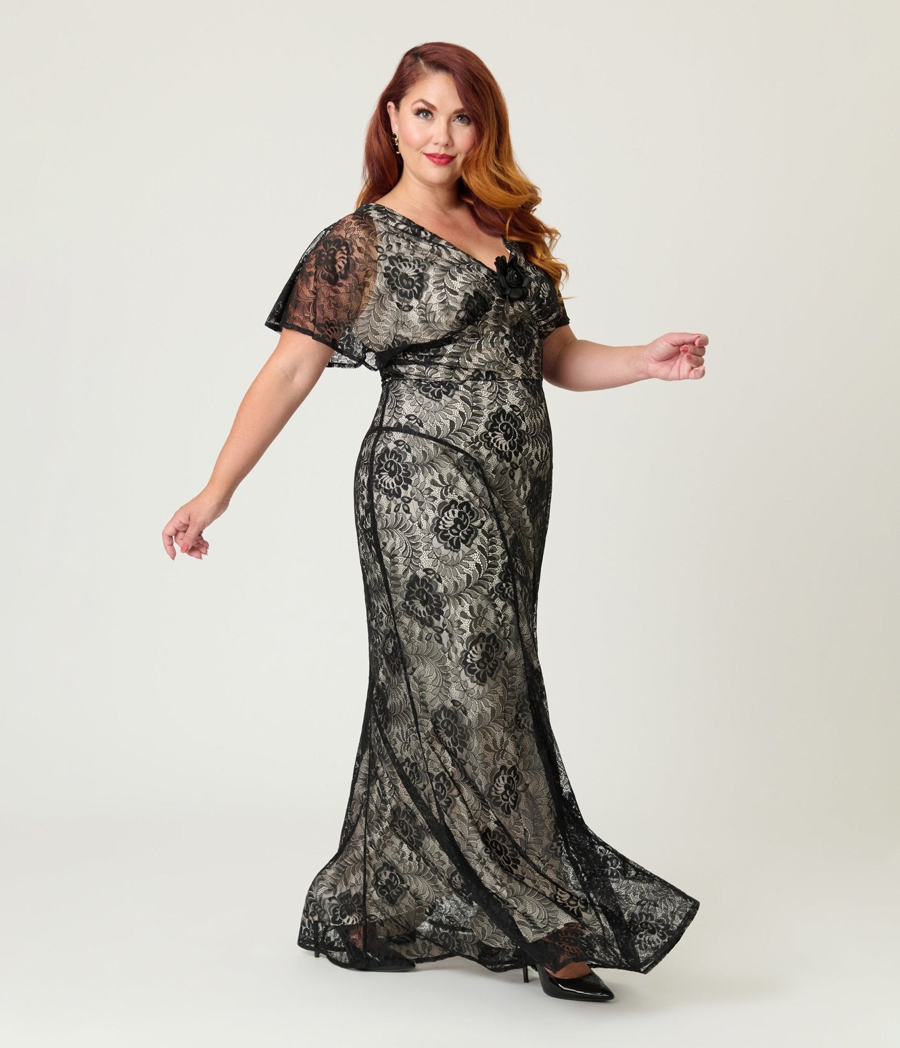 Unique Vintage Plus Size Black Lace & Nude Lining Flutter Sleeve Gown - Unique Vintage - Womens, FLAPPER, SLEEVED NON BEADED