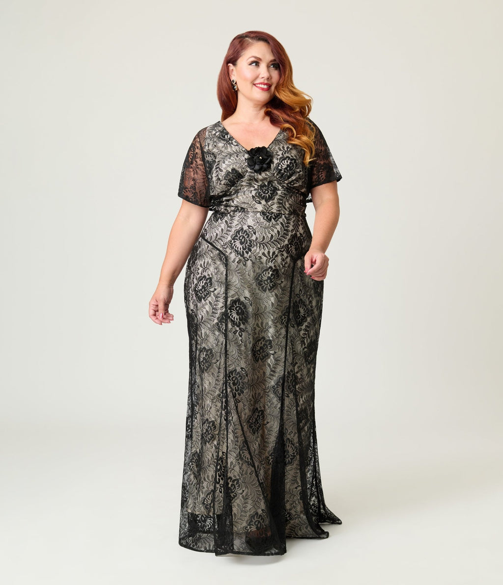 Unique Vintage Plus Size Black Lace & Nude Lining Flutter Sleeve Gown - Unique Vintage - Womens, FLAPPER, SLEEVED NON BEADED
