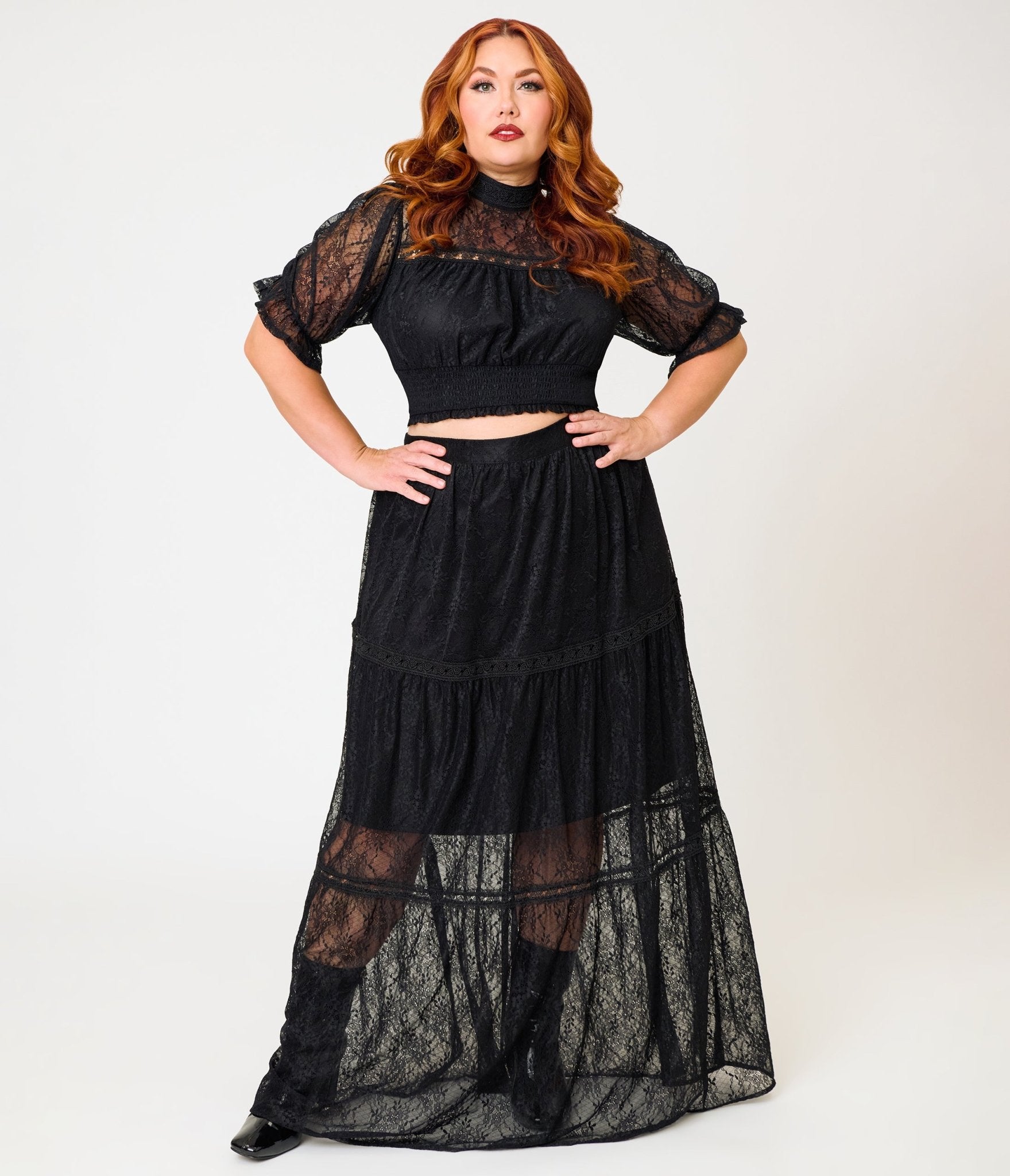 Unique Vintage Plus Size Black Lace Smocked Blouse - Unique Vintage - Womens, TOPS, KNIT TOPS