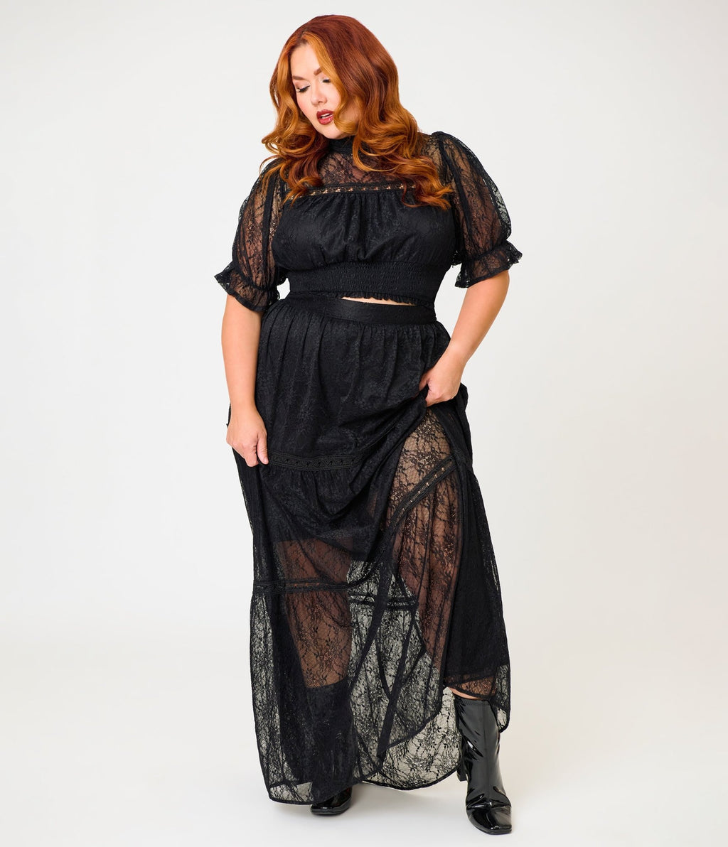 Unique Vintage Plus Size Black Lace Tiered Maxi Skirt - Unique Vintage - Womens, BOTTOMS, SKIRTS