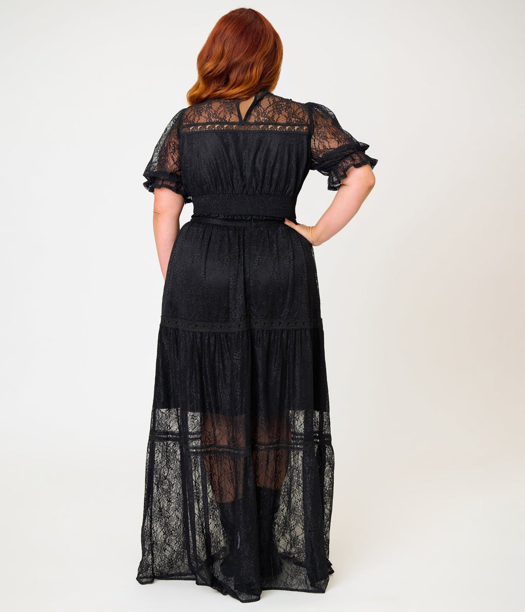 Unique Vintage Plus Size Black Lace Tiered Maxi Skirt - Unique Vintage - Womens, BOTTOMS, SKIRTS