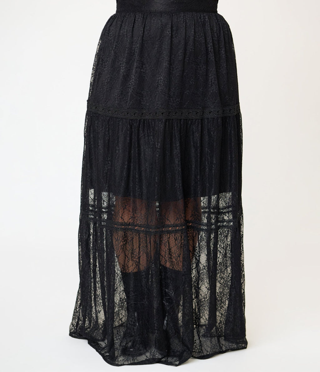 Unique Vintage Plus Size Black Lace Tiered Maxi Skirt - Unique Vintage - Womens, BOTTOMS, SKIRTS