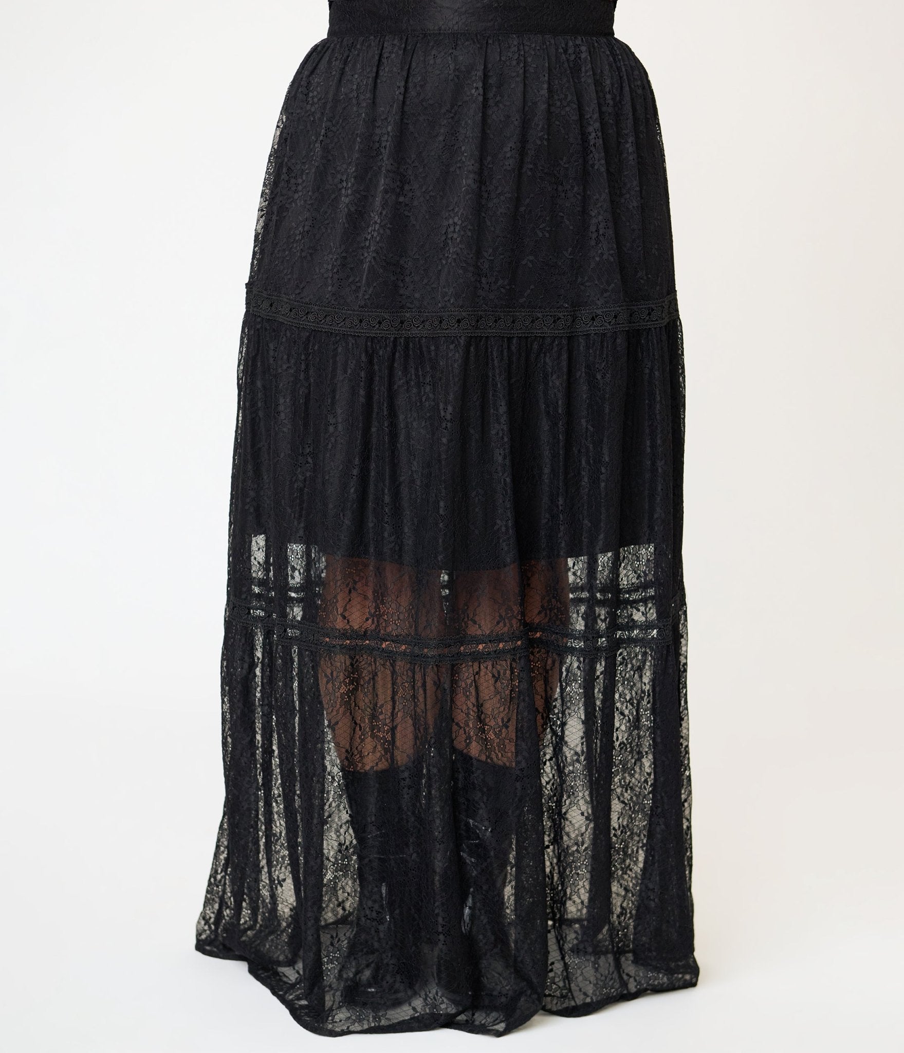 Unique Vintage Plus Size Black Lace Tiered Maxi Skirt - Unique Vintage - Womens, BOTTOMS, SKIRTS