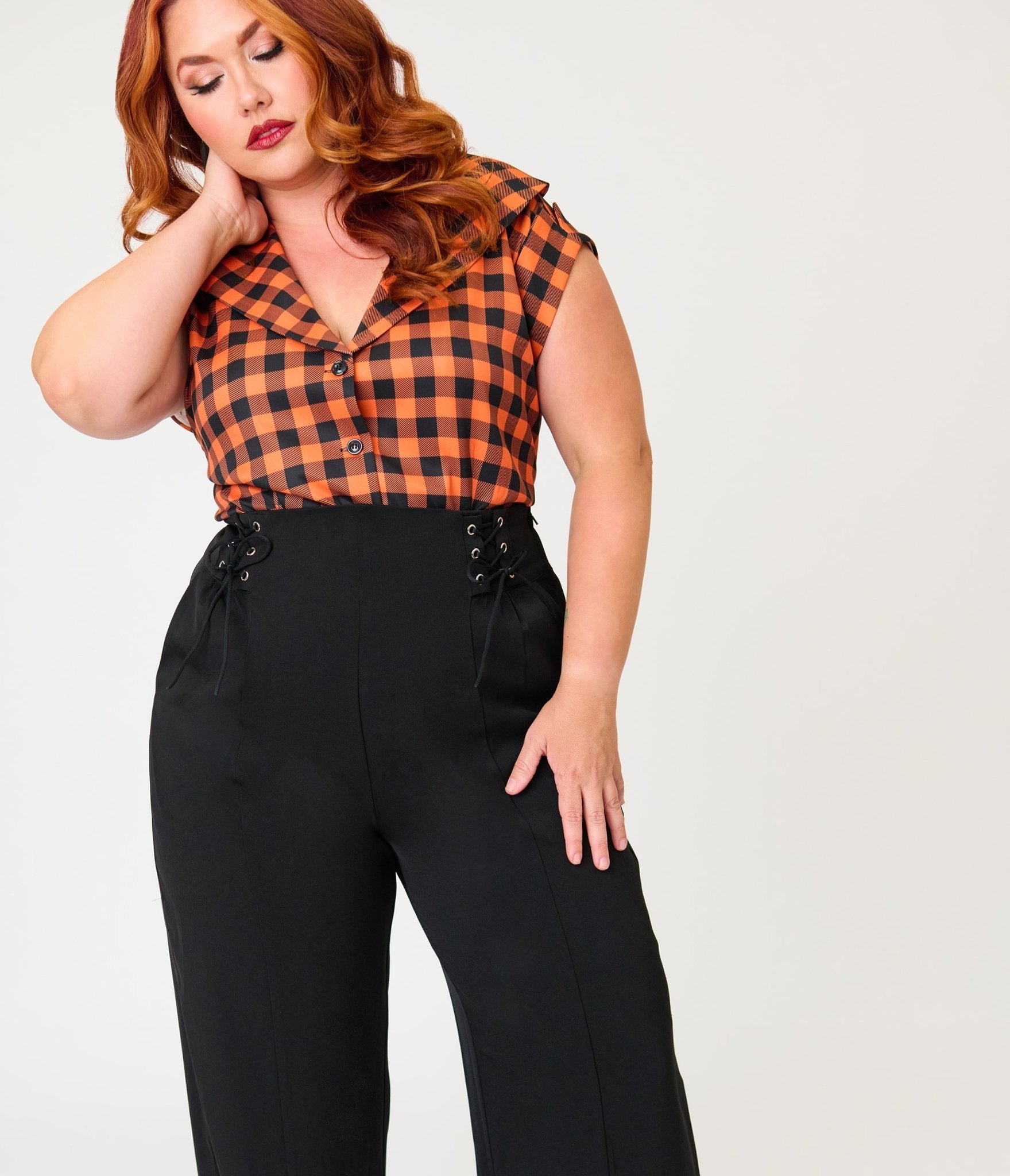 Unique Vintage Plus Size Black Lace Up High Waist Trousers - Unique Vintage - Womens, BOTTOMS, PANTS