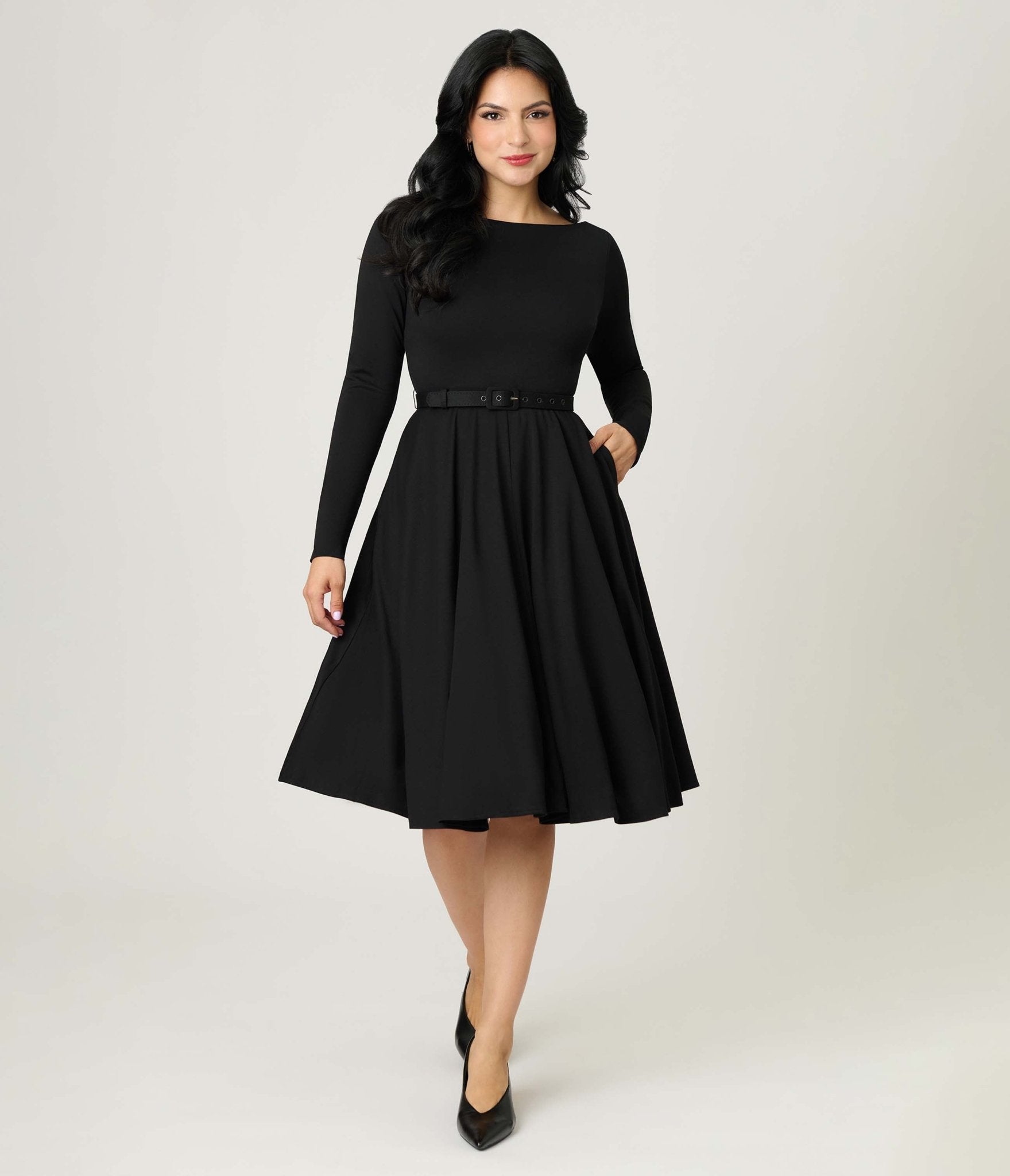 Unique Vintage Plus Size Black Long Sleeve Devon Swing Dress Unique Vintage Plus Size Black Long Sleeve Devon Swing Dress