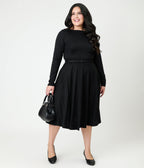 Unique Vintage Plus Size Black Long Sleeve Devon Swing Dress - Unique Vintage - Womens, DRESSES, SWING