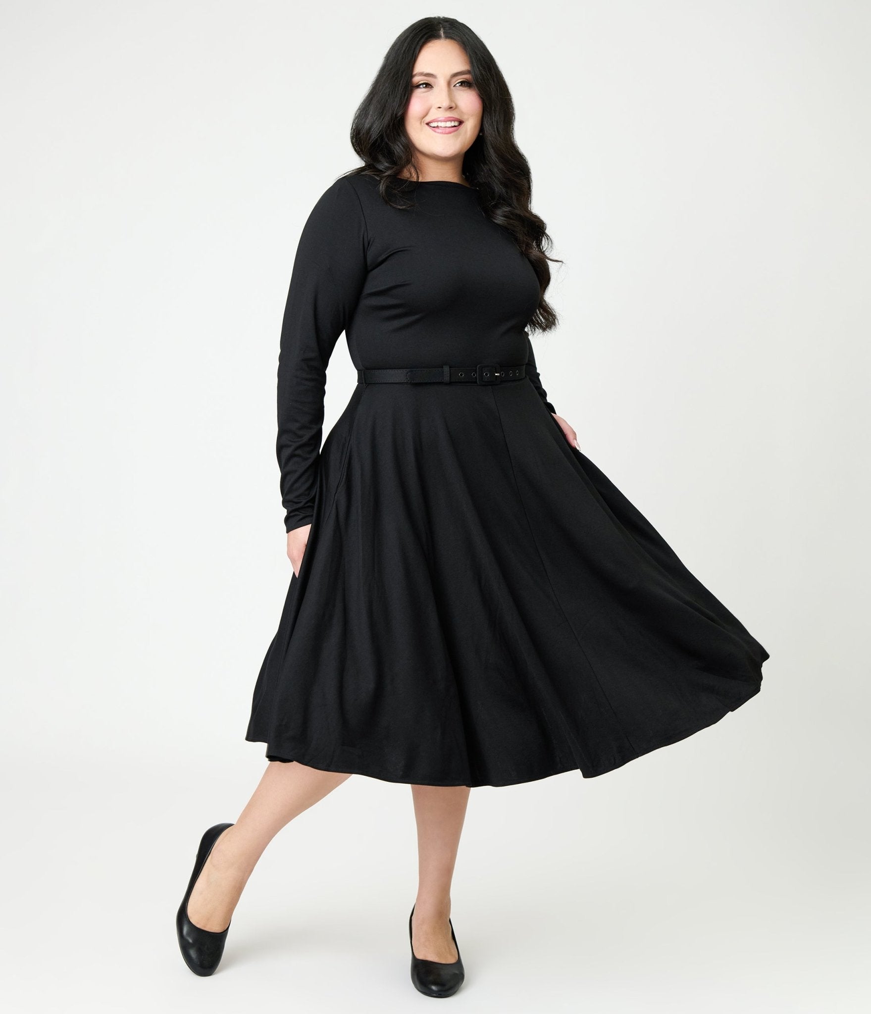 Unique Vintage Plus Size Black Long Sleeve Devon Swing Dress