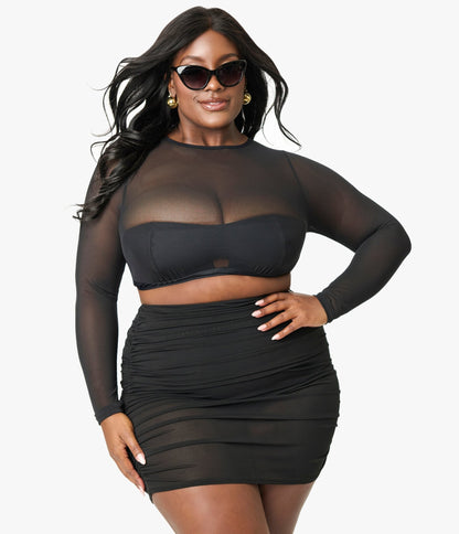 Unique Vintage Plus Size Black Mesh Long Sleeve Swim Top - Unique Vintage - Womens, SWIM, TOP