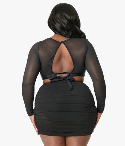 Unique Vintage Plus Size Black Mesh Long Sleeve Swim Top - Unique Vintage - Womens, SWIM, TOP