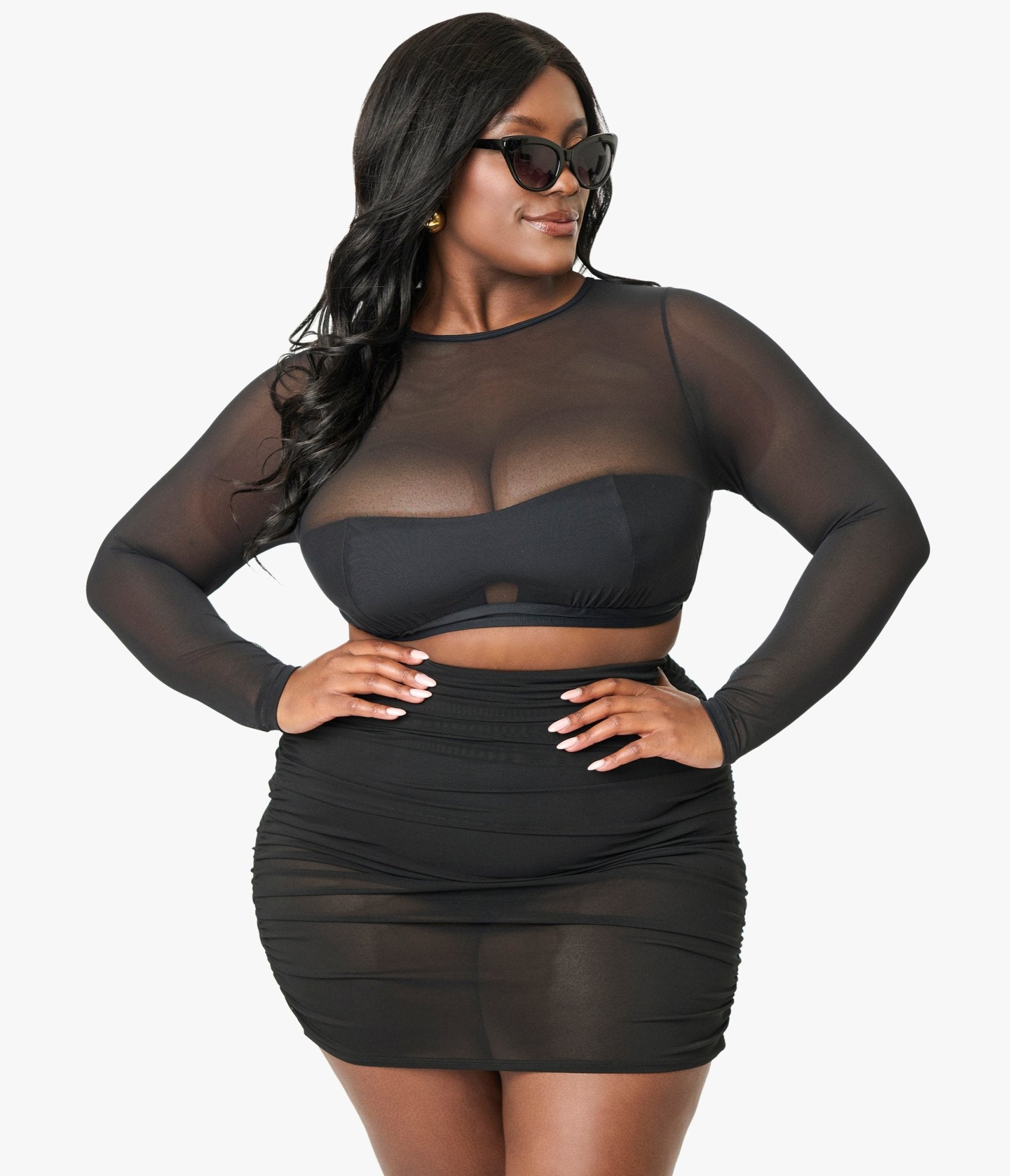 Unique Vintage Plus Size Black Mesh Long Sleeve Swim Top - Unique Vintage - Womens, SWIM, TOP