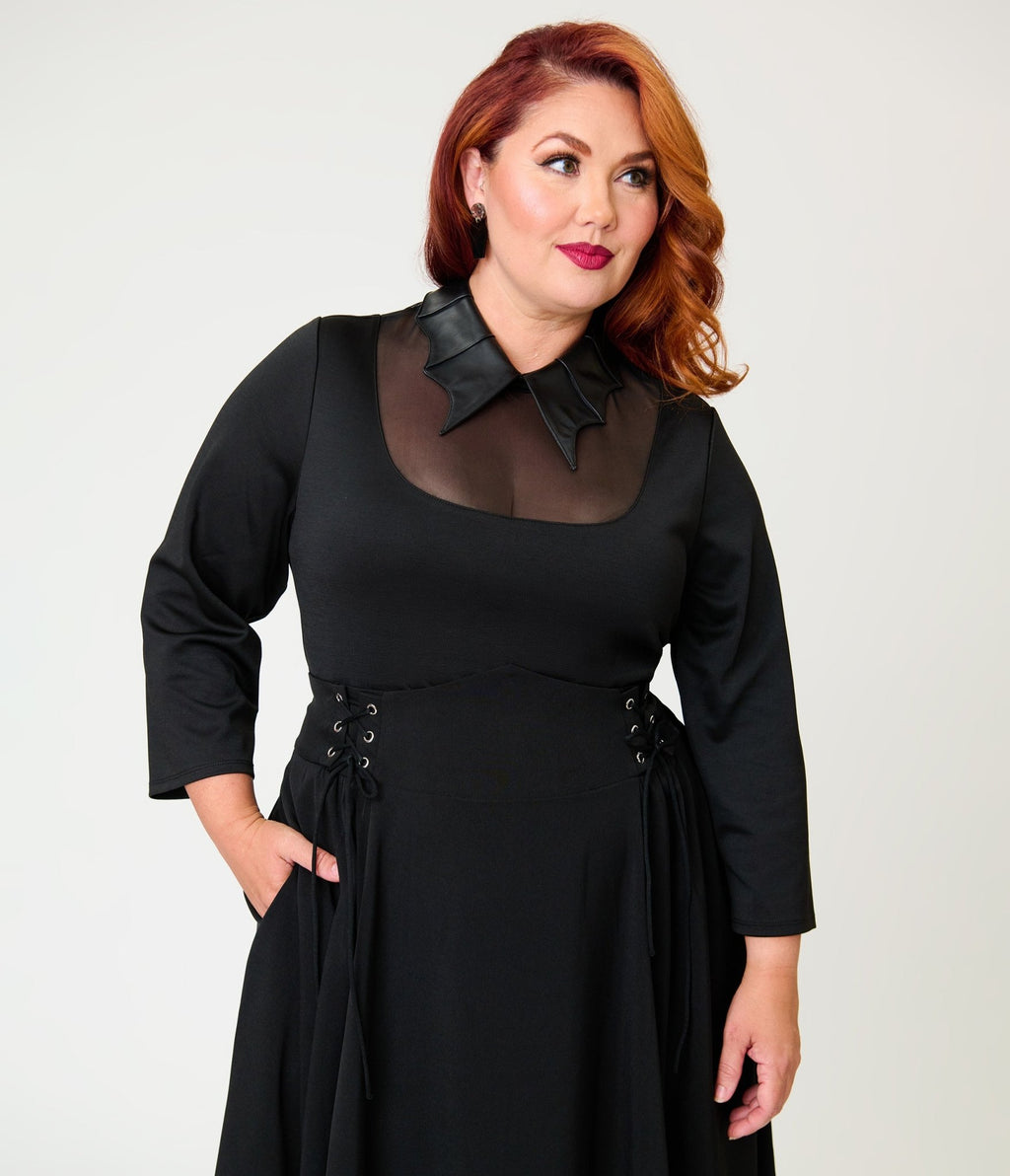 Unique Vintage Plus Size Black Mesh & Vegan Leather Bat Collar Knit Fitz Top - Unique Vintage - Knit Tops