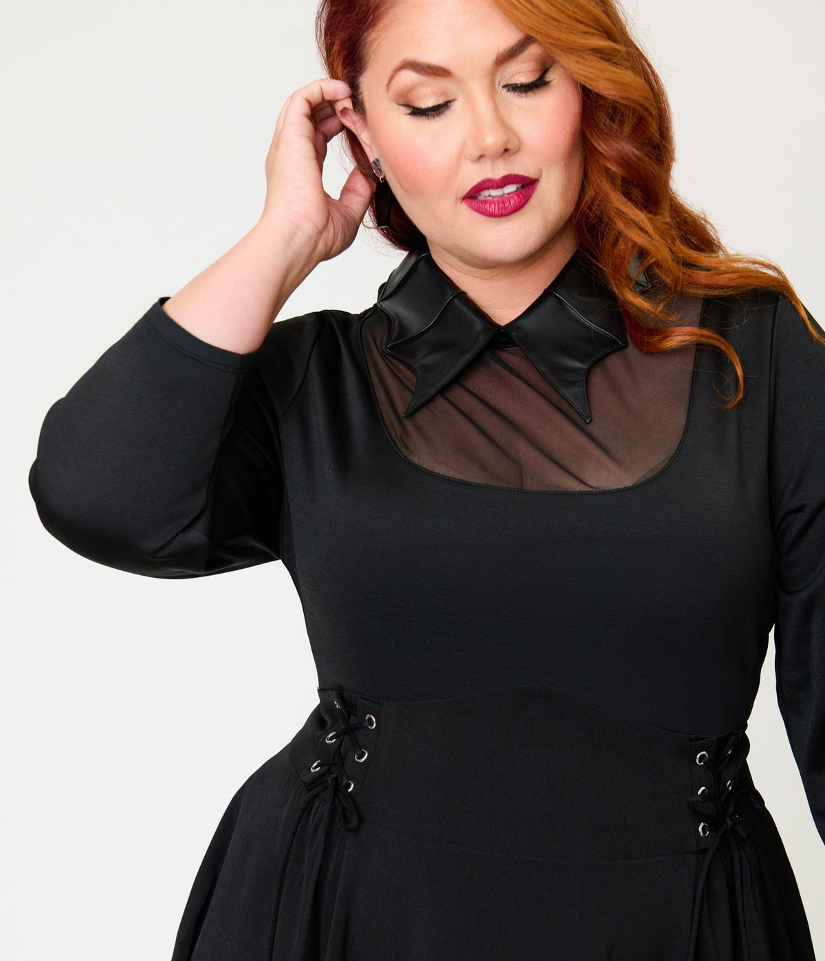 Unique Vintage Plus Size Black Mesh & Vegan Leather Bat Collar Knit Fitz Top - Unique Vintage - Knit Tops