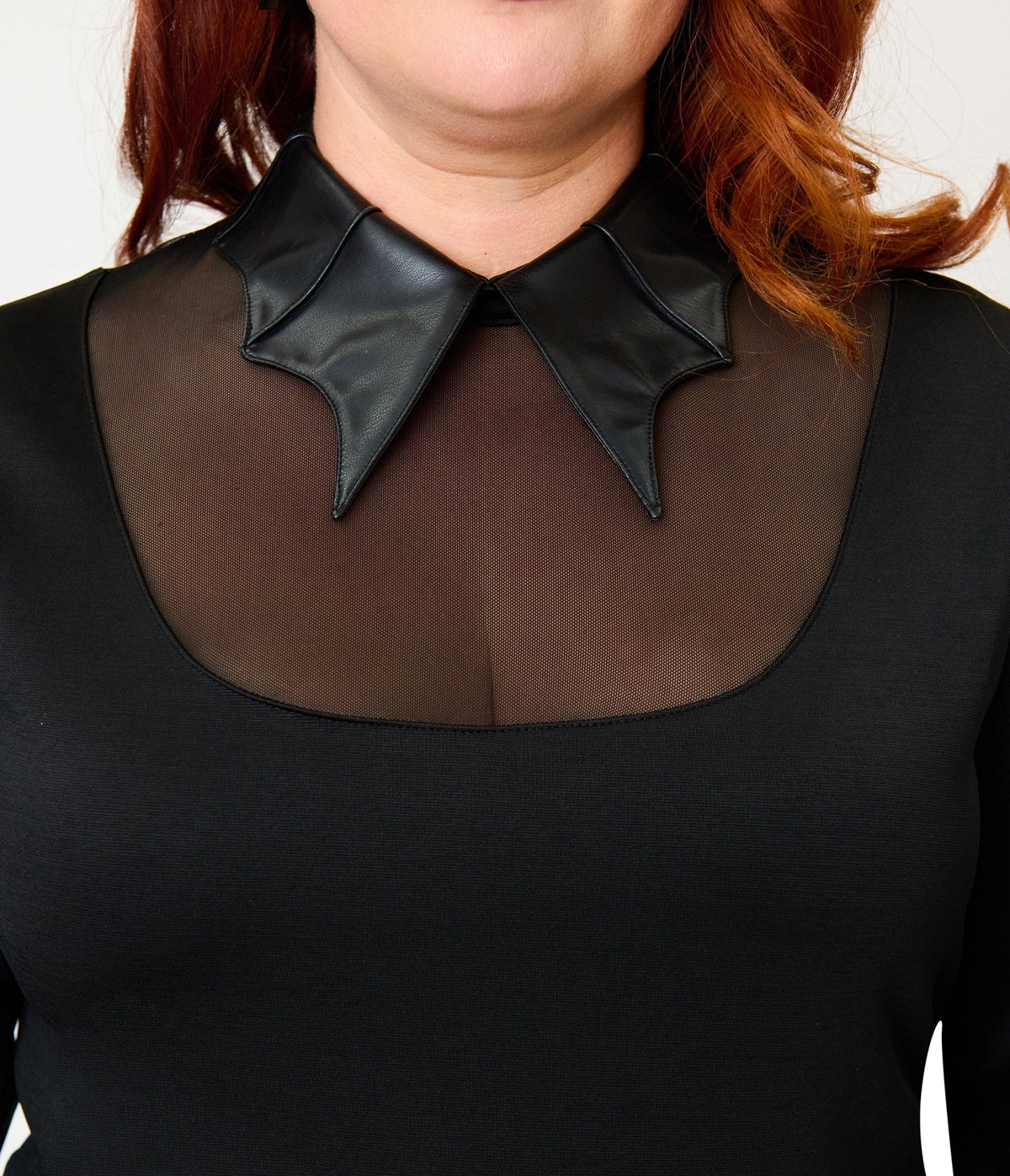 Unique Vintage Plus Size Black Mesh & Vegan Leather Bat Collar Knit Fitz Top - Unique Vintage - Knit Tops