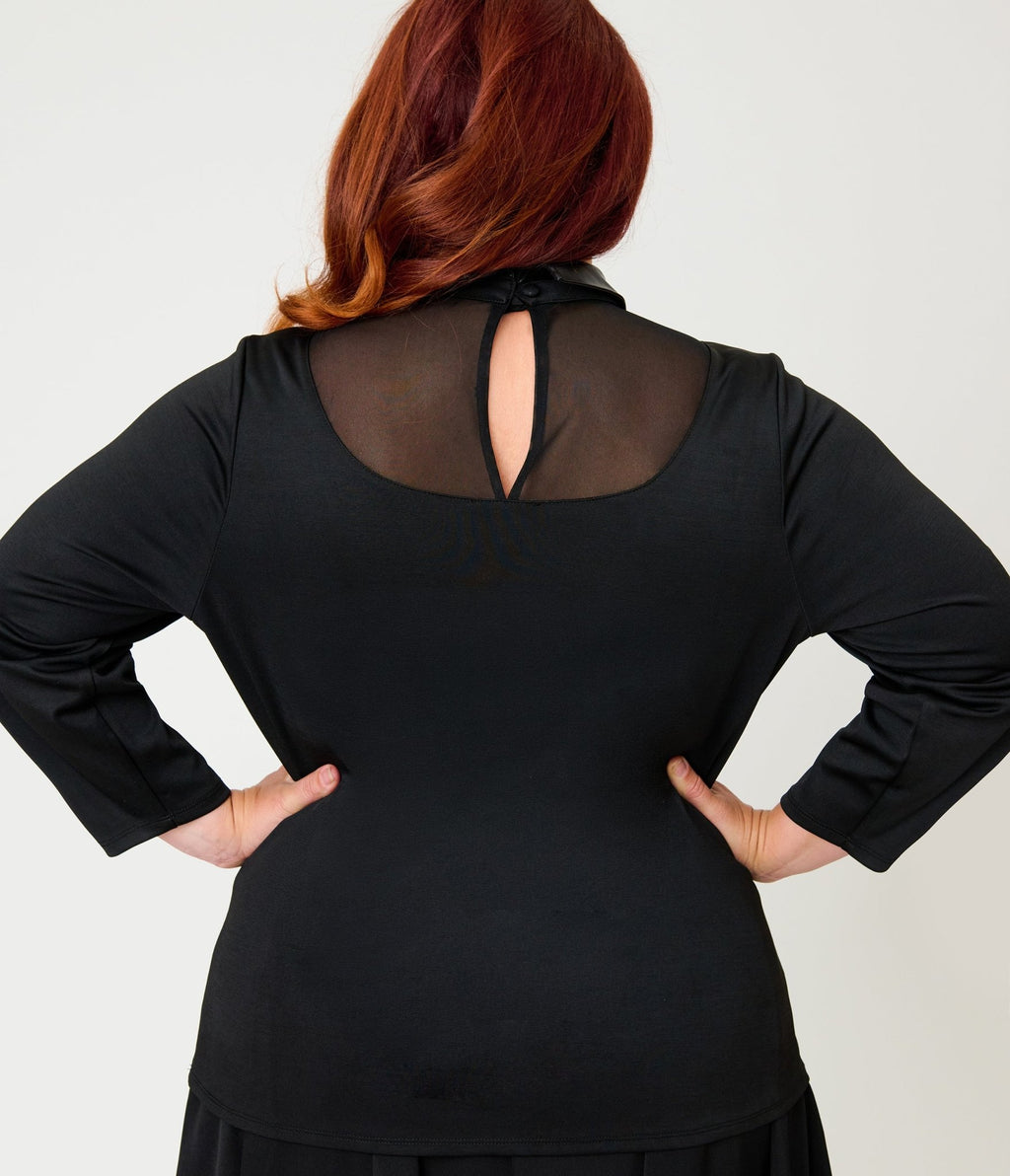 Unique Vintage Plus Size Black Mesh & Vegan Leather Bat Collar Knit Fitz Top - Unique Vintage - Knit Tops