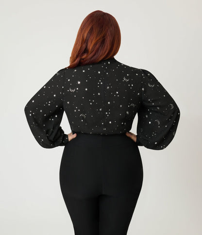 Unique Vintage Plus Size Black Moon & Star Silver Foil Print Gwen Blouse - Unique Vintage - Womens, TOPS, WOVEN TOPS