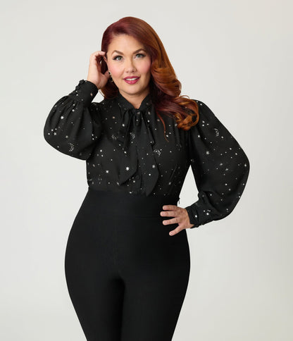 Unique Vintage Plus Size Black Moon & Star Silver Foil Print Gwen Blouse - Unique Vintage - Womens, TOPS, WOVEN TOPS