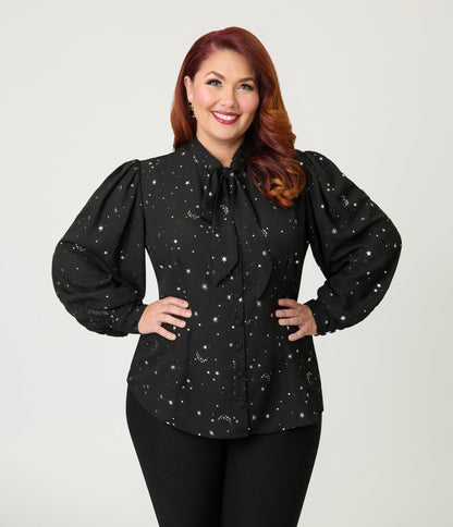 Unique Vintage Plus Size Black Moon & Star Silver Foil Print Gwen Blouse - Unique Vintage - Womens, TOPS, WOVEN TOPS