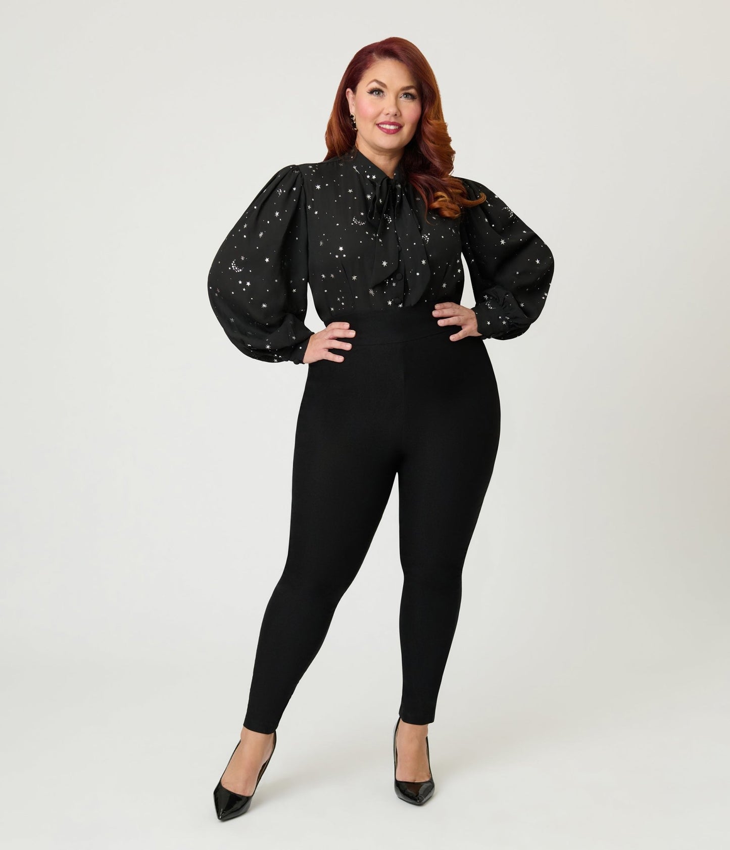 Unique Vintage Plus Size Black Moon & Star Silver Foil Print Gwen Blouse - Unique Vintage - Womens, TOPS, WOVEN TOPS