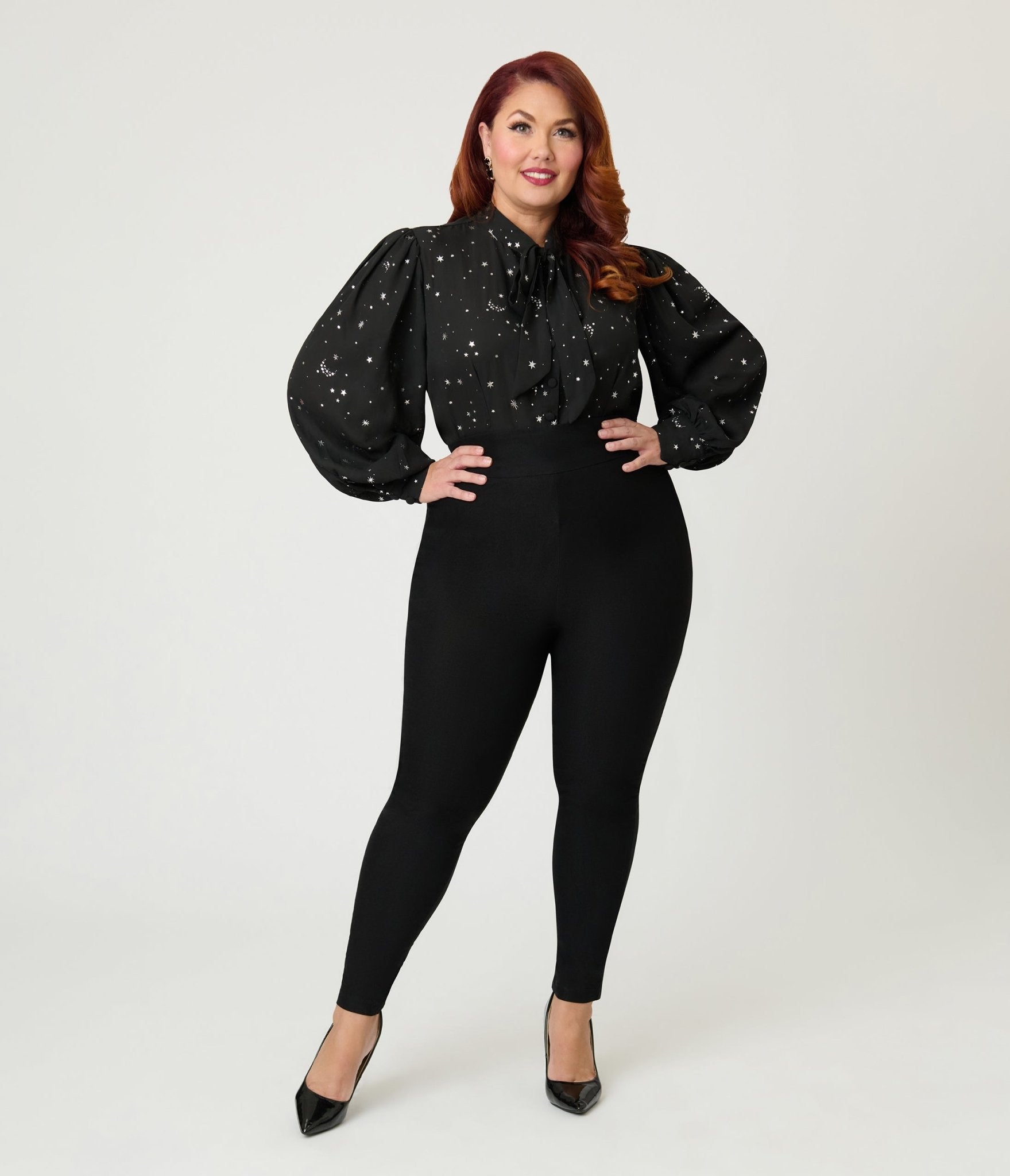 Unique Vintage Plus Size Black Moon & Star Silver Foil Print Gwen Blouse - Unique Vintage - Womens, TOPS, WOVEN TOPS