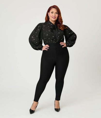 Unique Vintage Plus Size Black Moon & Star Silver Foil Print Gwen Blouse - Unique Vintage - Womens, TOPS, WOVEN TOPS