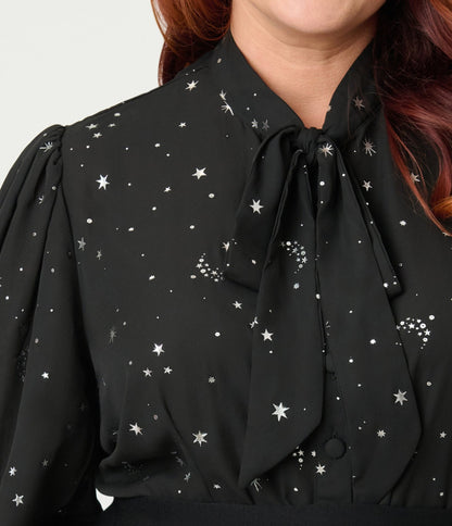 Unique Vintage Plus Size Black Moon & Star Silver Foil Print Gwen Blouse - Unique Vintage - Womens, TOPS, WOVEN TOPS