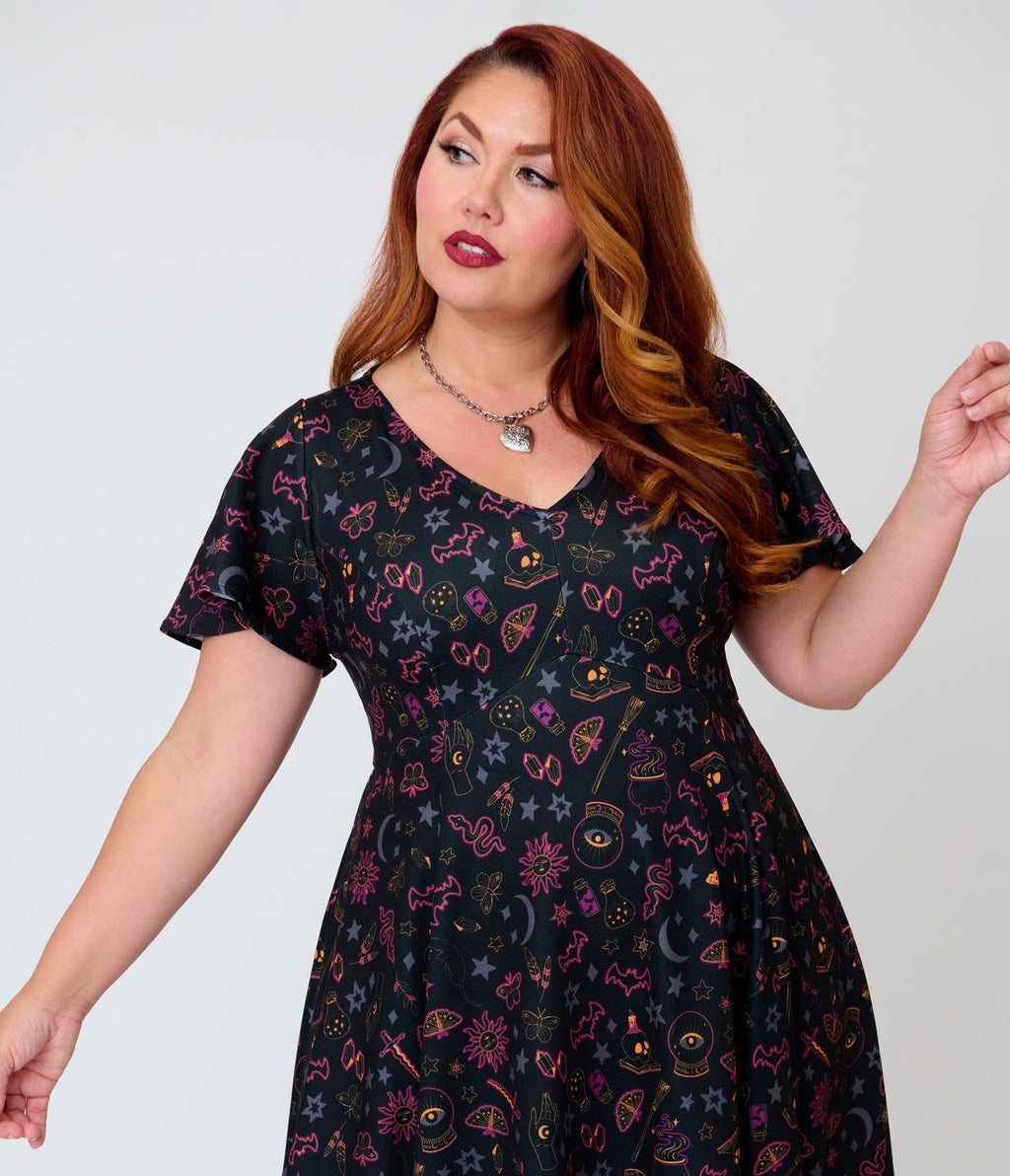 Unique Vintage Plus Size Black Mystical Icons Poppy Flare Dress - Unique Vintage - Womens, DRESSES, FIT AND FLARE