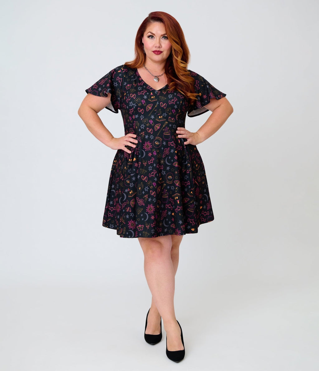 Unique Vintage Plus Size Black Mystical Icons Poppy Flare Dress - Unique Vintage - Womens, DRESSES, FIT AND FLARE