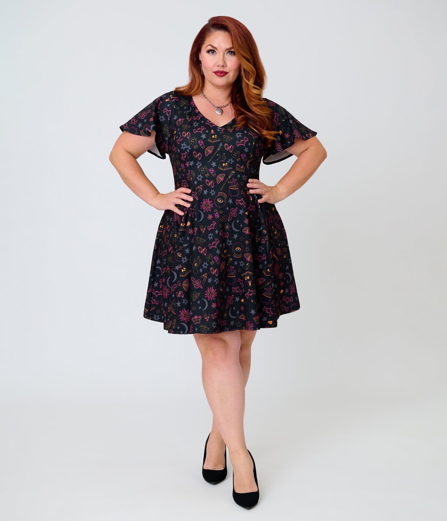 Unique Vintage Plus Size Black Mystical Icons Poppy Flare Dress - Unique Vintage - Womens, DRESSES, FIT AND FLARE