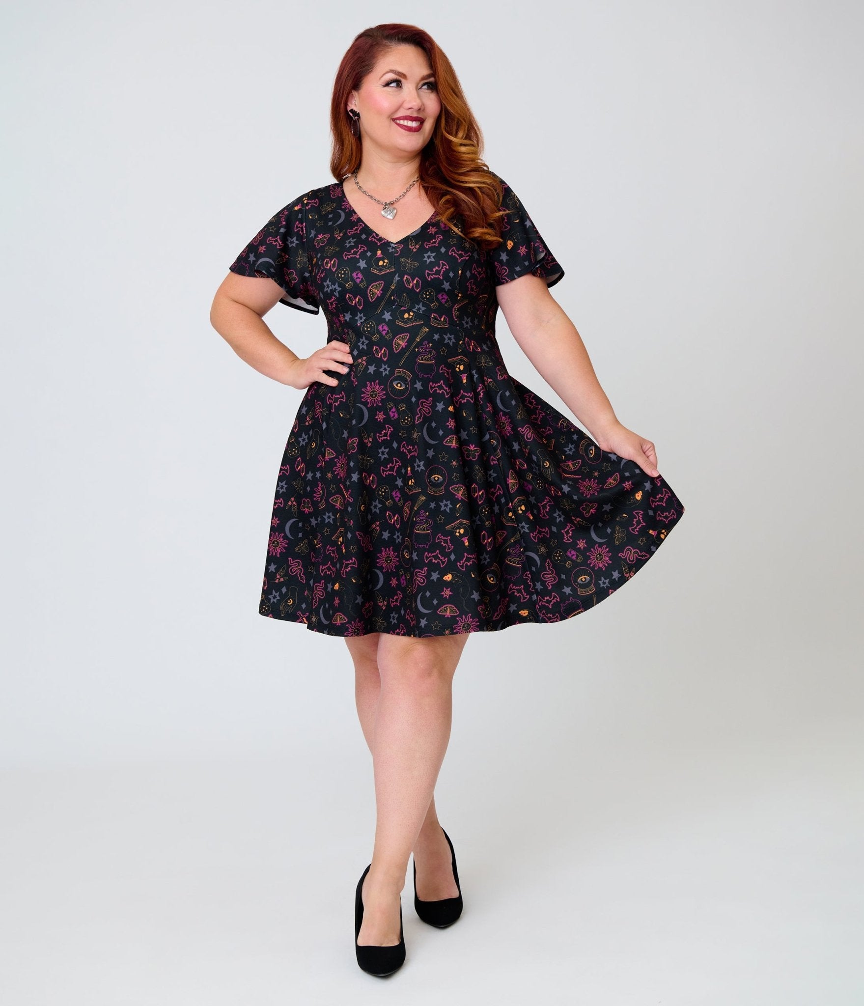 Unique Vintage Plus Size Black Mystical Icons Poppy Flare Dress - Unique Vintage - Womens, DRESSES, FIT AND FLARE