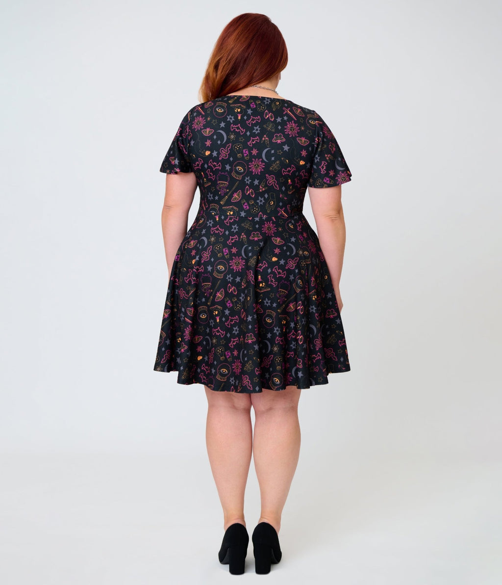 Unique Vintage Plus Size Black Mystical Icons Poppy Flare Dress - Unique Vintage - Womens, DRESSES, FIT AND FLARE