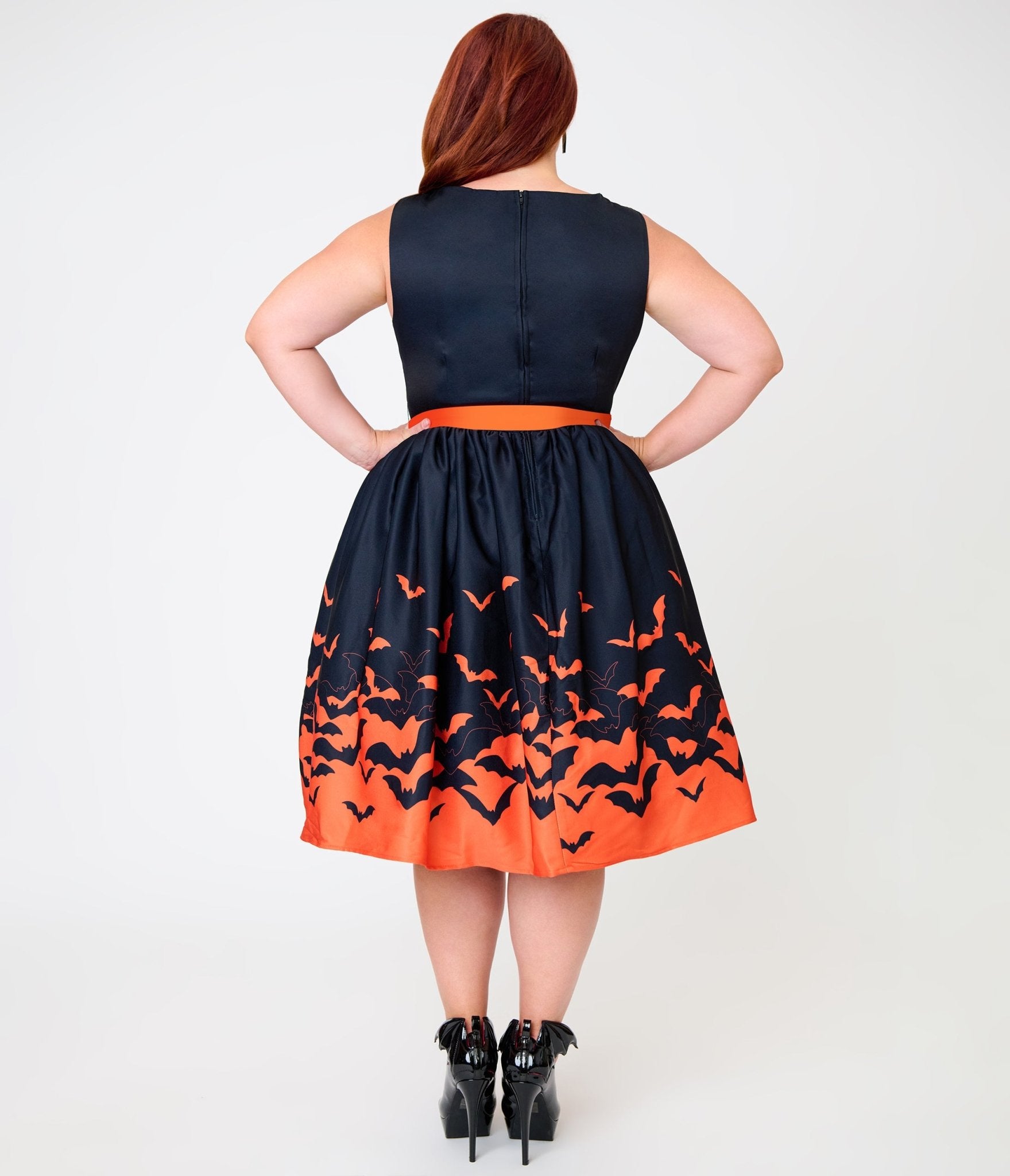 Unique Vintage Plus Size Black & Orange Bat Print Margaret Swing Dress