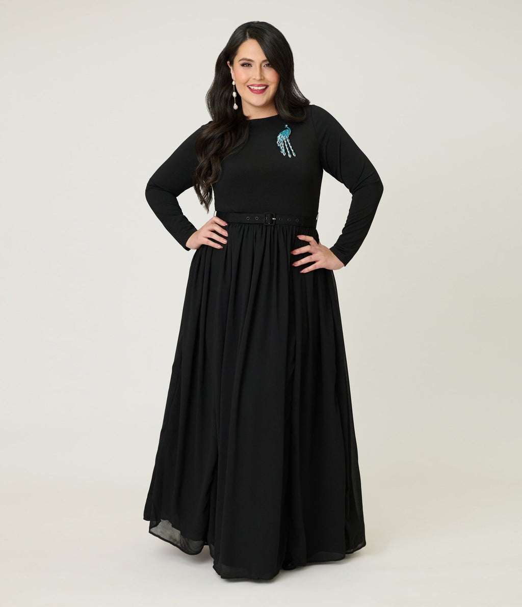 Unique Vintage Plus Size Black & Peacock Brooch Maxi Dress - Unique Vintage - Womens, DRESSES, MAXI