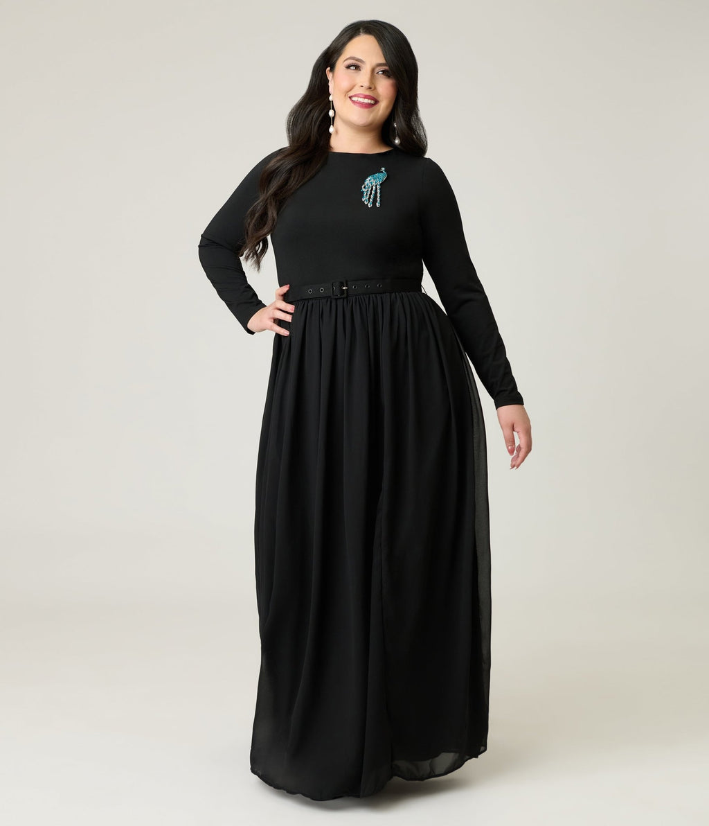 Unique Vintage Plus Size Black & Peacock Brooch Maxi Dress - Unique Vintage - Womens, DRESSES, MAXI