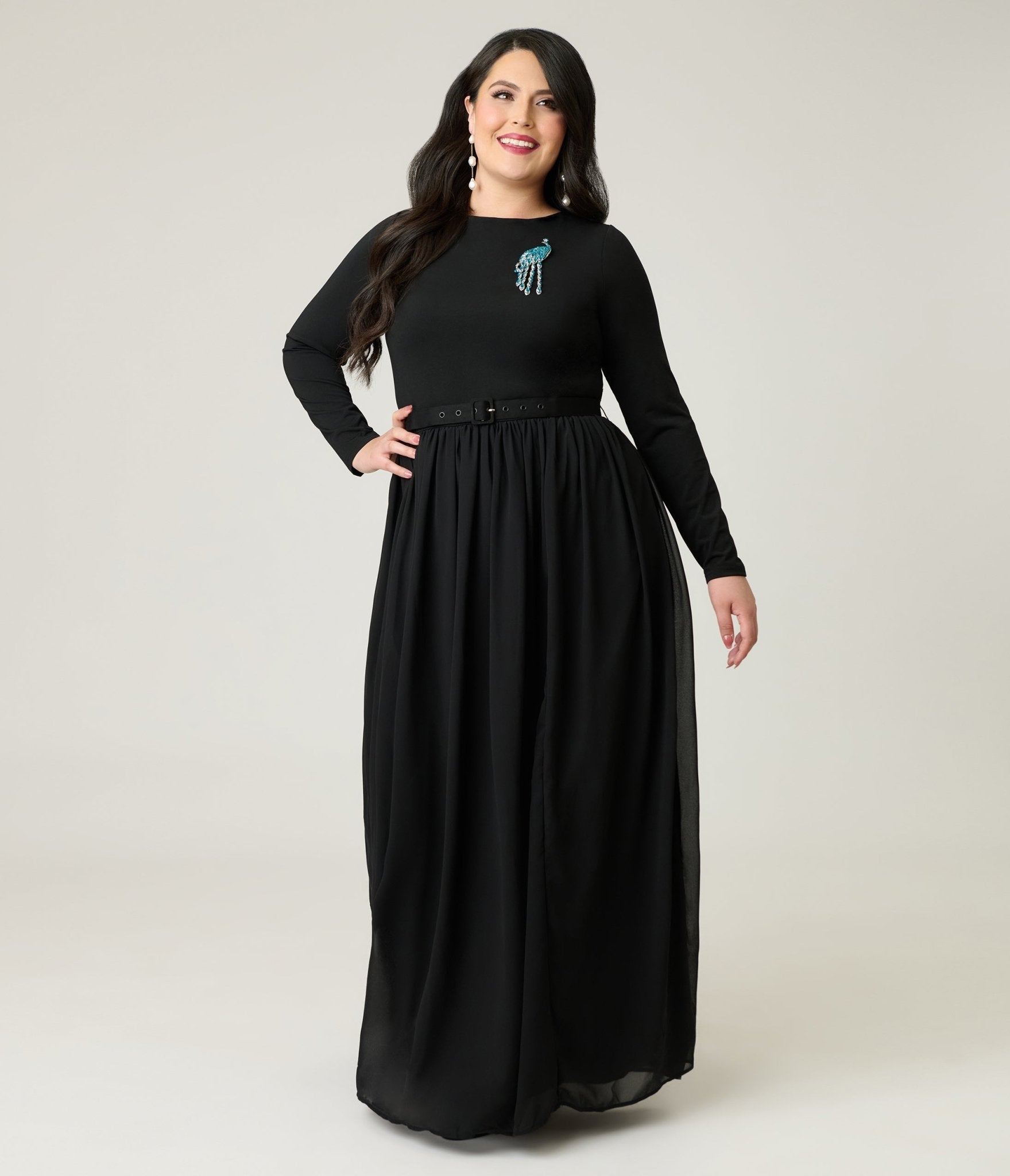 Unique Vintage Plus Size Black & Peacock Brooch Maxi Dress - Unique Vintage - Womens, DRESSES, MAXI