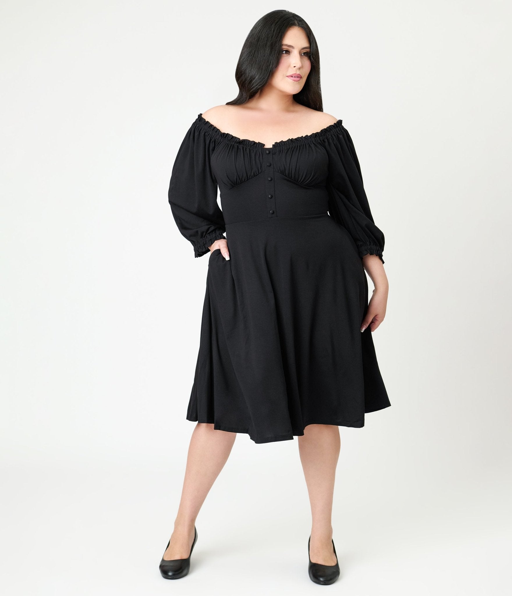 Unique Vintage Plus Size Black Peasant Sleeve Swing Dress Unique Vintage Plus Size Black Peasant Sleeve Swing Dress