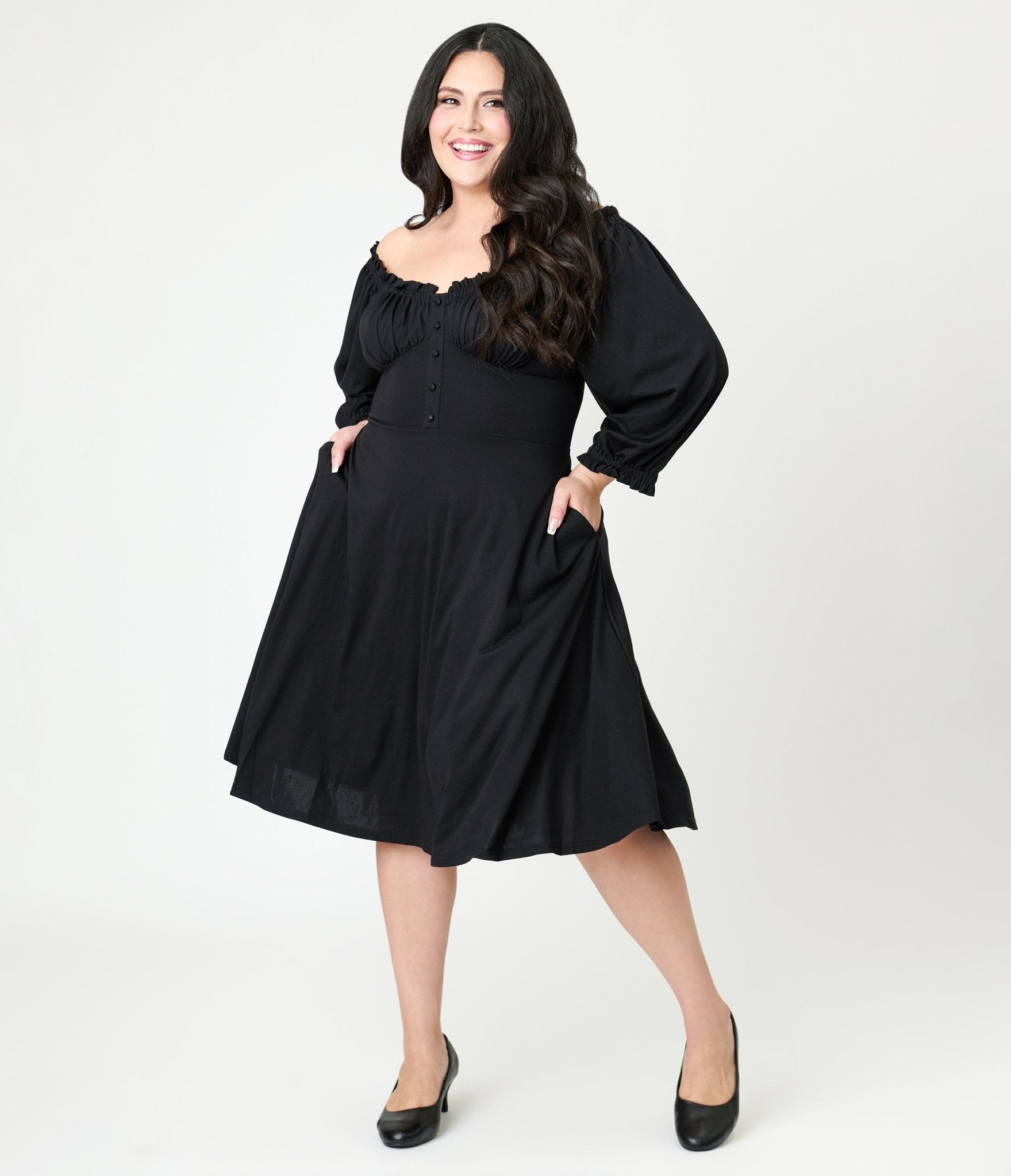 Unique Vintage Plus Size Black Peasant Sleeve Swing Dress - Unique Vintage - Womens, DRESSES, SWING