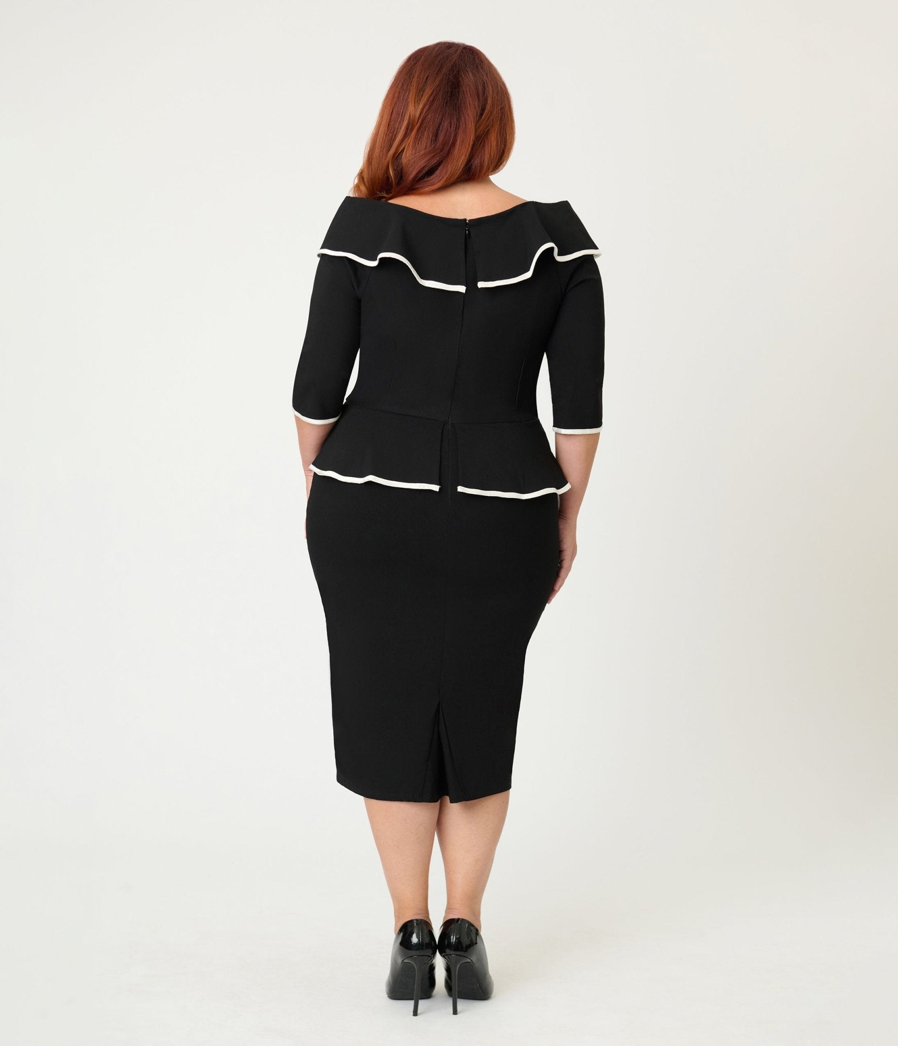 Unique Vintage Plus Size Black Peplum Suit Pencil Dress