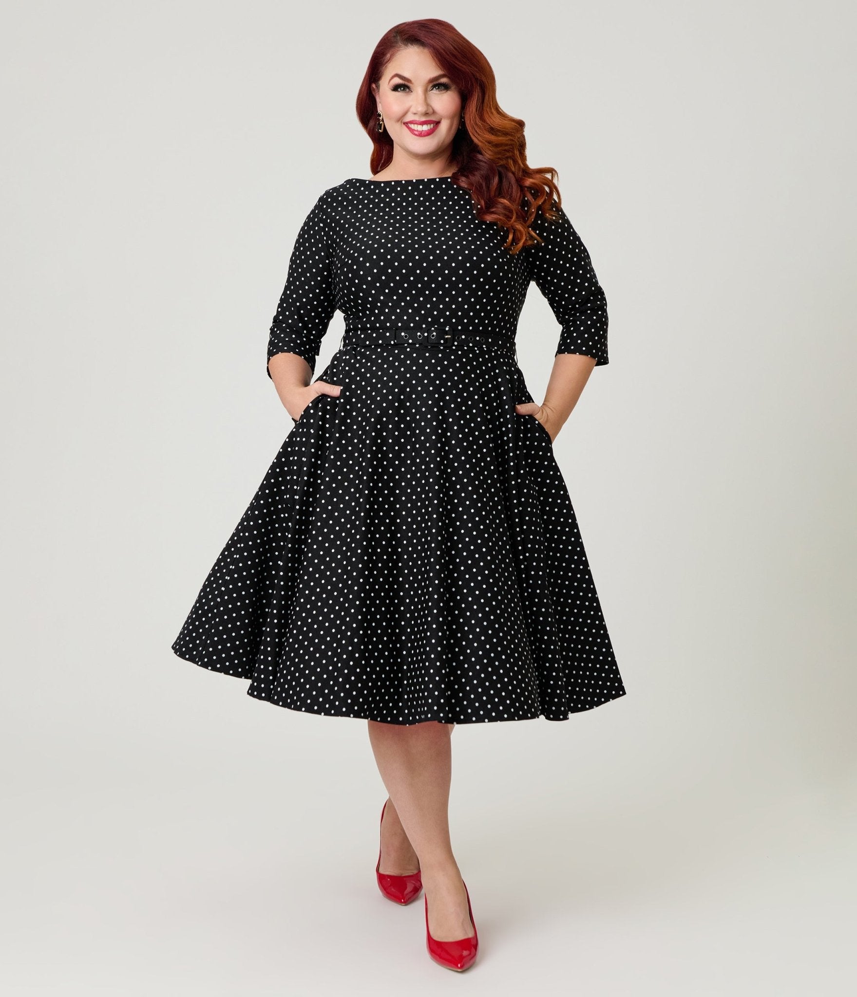 Unique Vintage Plus Size Black Pindot Stretch Sleeved Devon Swing Dress - Unique Vintage - Womens, DRESSES, SWING